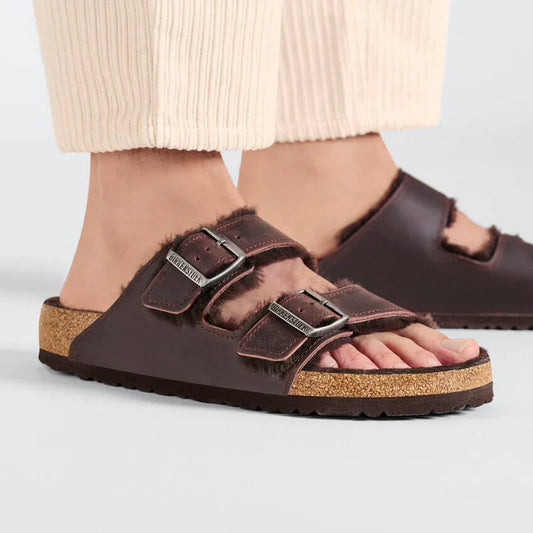 Birkenstock Arizona Oiled Leather Shearling Habana Sandals