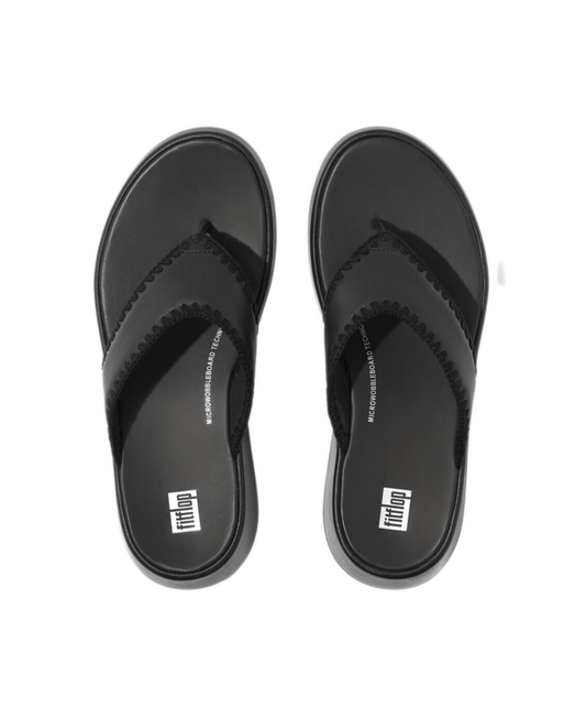 FitFlop F-mode Crochet-Stitch Leather Flatform Toe-Thongs Black