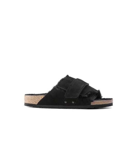 Birkenstock Kyoto Suede Leather Shearling Black Sandals